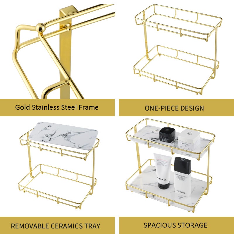 Dobbyby Bathroom Organizer Countertop Perfume Organizer Makeup Organizer Cosmetics Storage Display Rack Vanity Tray Dresser Stainless Steel Gold Shelf White Marble Ceramic Tray - Image 3